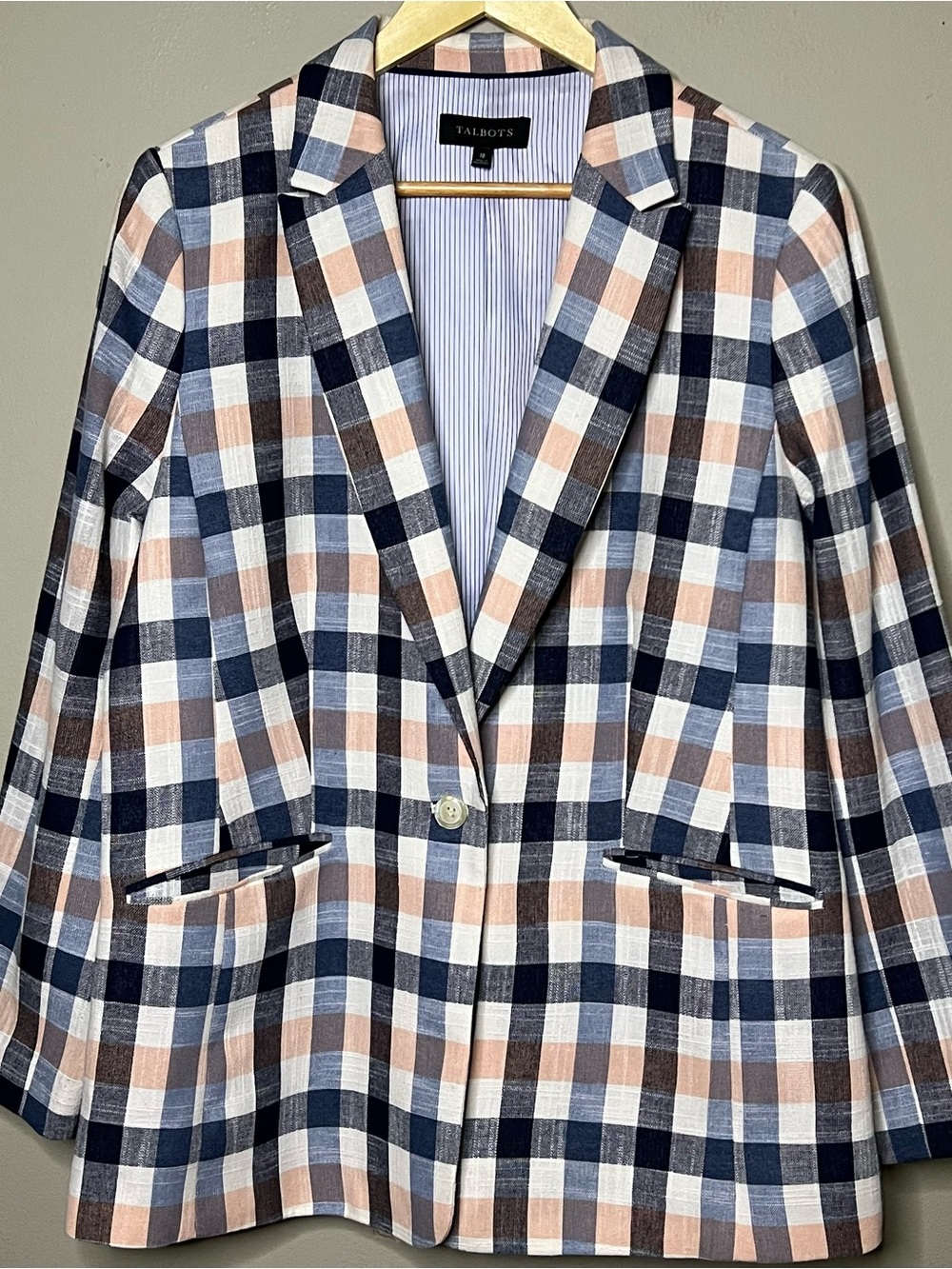 Talbots Vivid Plaid Blazer Women Size 18 Blue Peach White Check Preppy Office